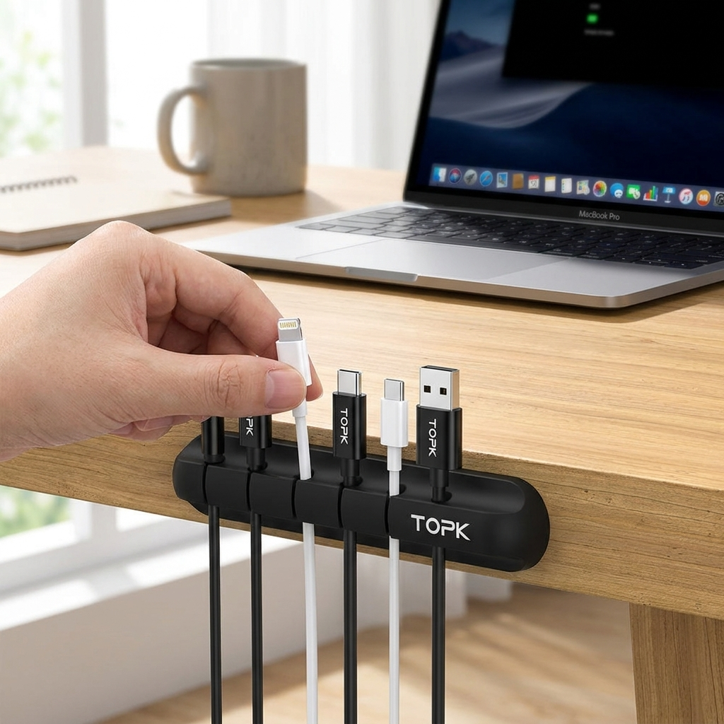 Silicone USB cable organizer in use on desk, lifestyle