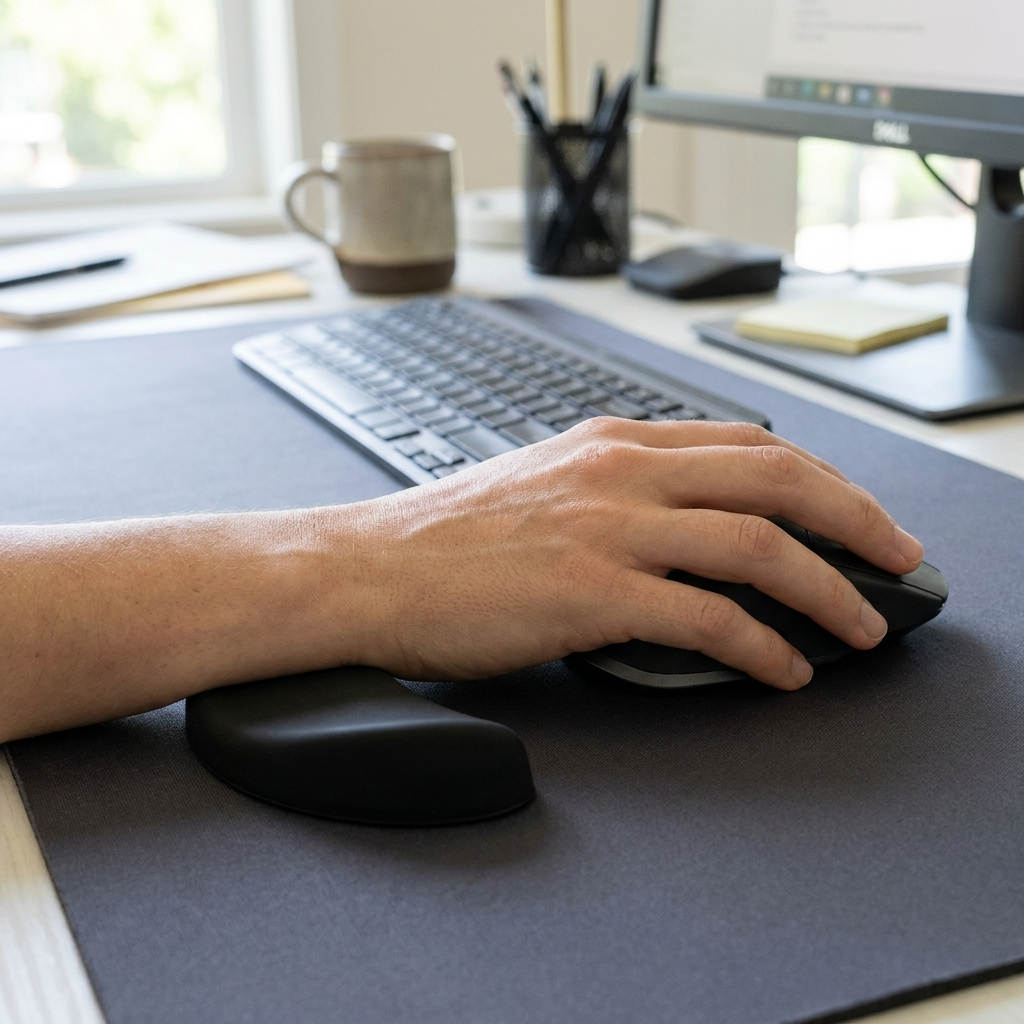 Ergonomic mouse wrist rest pad in use on desk, lifestyle